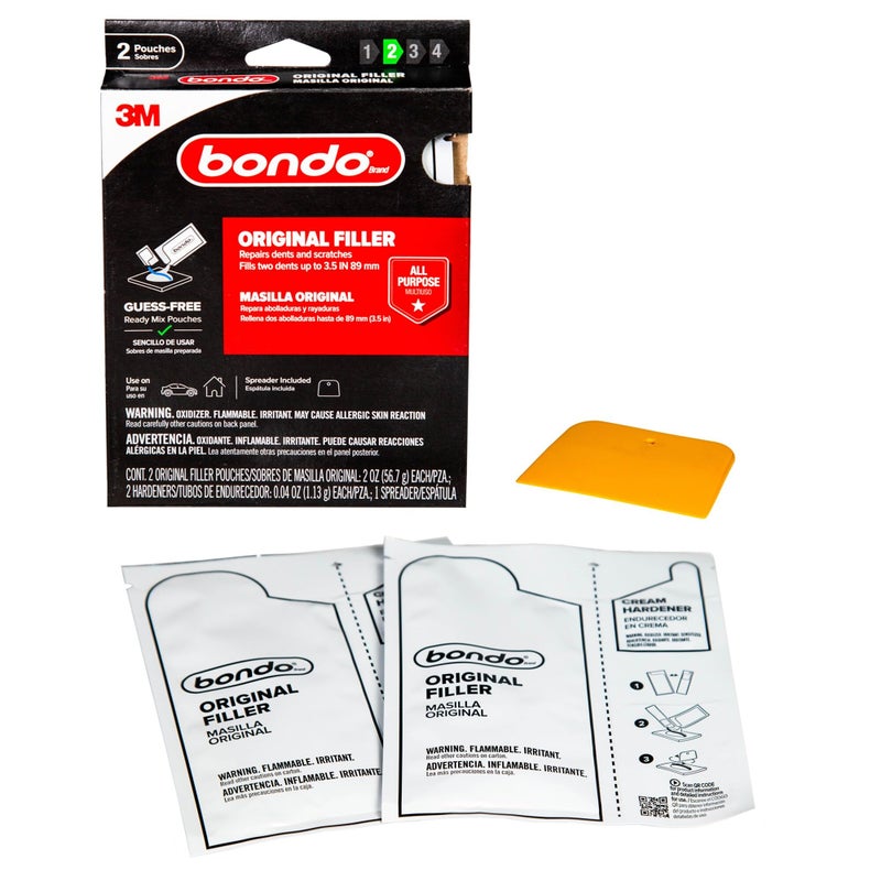 Bondo Original Filler Ready Mix Pouches, Repairs Dents and Scratches, Fills 2 Dents Up to 3.5"", 2 x 2 oz Original Filler Pouches, 2 x 0.04 oz Hardeners, Spreader Included (OR-2PK-ES) - Image 1